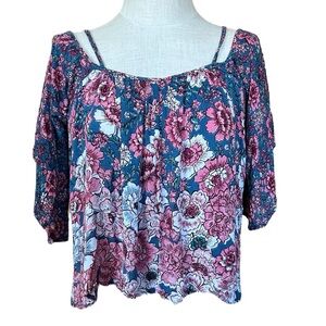Billabong Medium Floral Boho Shirt Bell Sleeve Off The Shoulder Casual